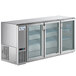 An Avantco stainless steel back bar refrigerator with glass doors.