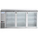 An Avantco stainless steel back bar refrigerator with glass doors.