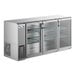 An Avantco stainless steel back bar refrigerator with glass doors.