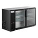 An Avantco black glass door back bar refrigerator with two shelves.