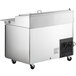 An Avantco stainless steel refrigerator with wheels.