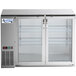 An Avantco stainless steel back bar refrigerator with glass doors.