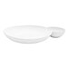 A white porcelain round bowl with two compartments, one large and one small, designed for serving food and sauces.