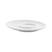 A small, round, bright white porcelain saucer with a slightly raised center, designed for holding a cup.