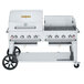 A large Crown Verity stainless steel grill on wheels.