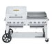 A Crown Verity stainless steel mobile outdoor grill on a cart.