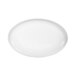 A bright white oval porcelain plate with a coupe design.