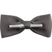 A close-up of a dark grey Henry Segal clip-on bow tie with a silver bar.