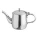 A Vollrath stainless steel gooseneck teapot with a lid.