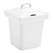 A small, square, bright white porcelain pot with a notched lid and handle.