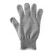 A grey knitted glove with a white band.