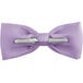 A close-up of a Henry Segal lavender poly-satin bow tie with a silver metal clip.