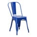 A blue metal Lancaster Table & Seating outdoor cafe chair.