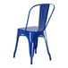 A blue Lancaster Table & Seating metal chair with legs, seat, and backrest.