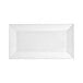 A bright white rectangular porcelain plate measuring 13 by 7 inches.