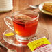 A glass cup of Bigelow Chamomile Mango tea with a tea bag on a saucer.