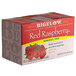 A white box of Bigelow Red Raspberry Herbal Tea Bags with text and pictures on it.