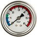 a gauge with a red black and blue dial