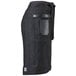A black denim bistro apron with black leather details and pockets.