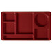 A red rectangular Cambro compartment tray with six compartments.