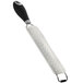 A close-up of a MercerGrates stainless steel grater with a black and white Santoprene handle.