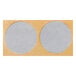 A pair of white circular stickers with black text on a white background.
