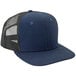 A navy blue trucker cap with a black mesh back.