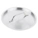 A silver stainless steel Vollrath lid with a metal handle.