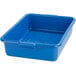 A blue plastic Carlisle bus tub with a lid.