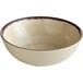 A Carlisle sweet cream melamine bowl with a brown rim.