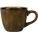 A brown Tuxton china cup with a handle.