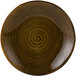 A close-up of a Tuxton TuxTrendz Artisan Geode Walnut China plate with a spiral pattern.