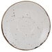 A white Tuxton china saucer with brown specks.