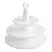 A white plastic Fox Run cake pop decorating stand with three tiers and a cone-shaped base.