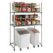 A MetroMax metal shelf with FIFO can racks holding food.