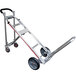 A silver hand truck with black wheels.