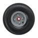 A Magliner hand truck wheel with a silver rim.