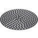 A circular black metal pizza disk with perforated white dots.