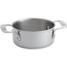 A Tablecraft stainless steel round casserole dish with handles.