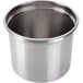 A close-up of a silver low profile Vollrath stock pot inset.