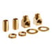 A close up of a gold T&S brass elbow with a threaded nut.