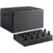 A black plastic Cambro Cam GoBox top-loading food pan carrier with cup holders.