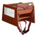 A wooden booster seat with a walnut finish, equipped with a T-strap for safety.