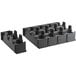 A black plastic Cambro cup holder with 3 compartments and holes.