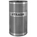 A silver stainless steel round trash receptacle with perforated holes.