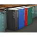 A group of different colored rectangular plastic recycle bins including red, blue, and black with white text.