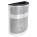 A silver stainless steel half round waste receptacle with black mesh lid.