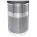 A silver stainless steel half round waste receptacle with black textured lid.