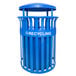 A blue Ex-Cell Kaiser outdoor recycling receptacle with a white lid and white text.