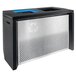 A black and silver rectangular Coliseum recycling bin with blue and black lids.